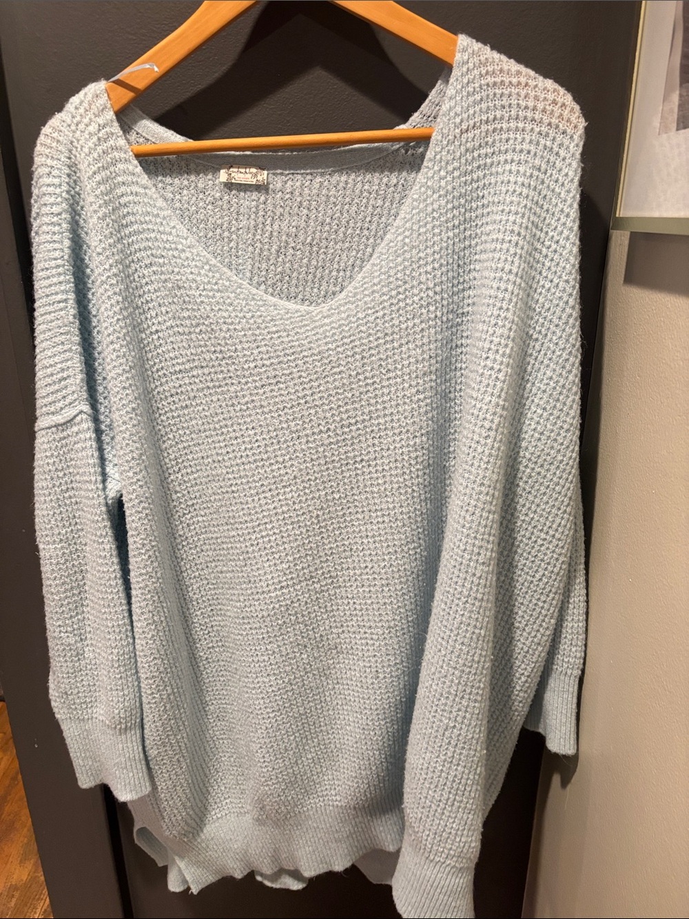 Free People oversized Pale Blue V-Neck Chunky Knit Sweater